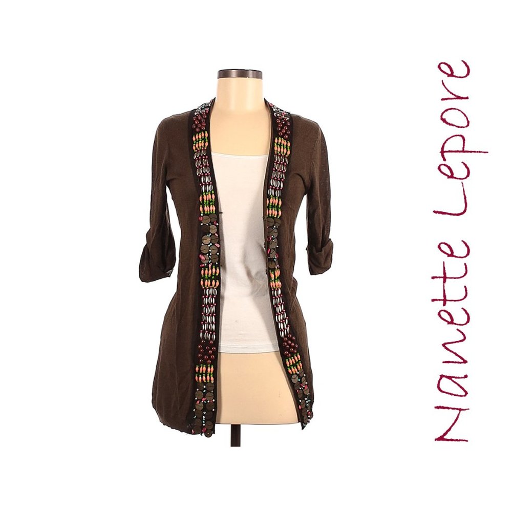 🎉HP🎉Nanette Lepore *RARE* 1000 Temple Embellished Cardigan in Cedar Brown, EUC - Picture 2 of 3